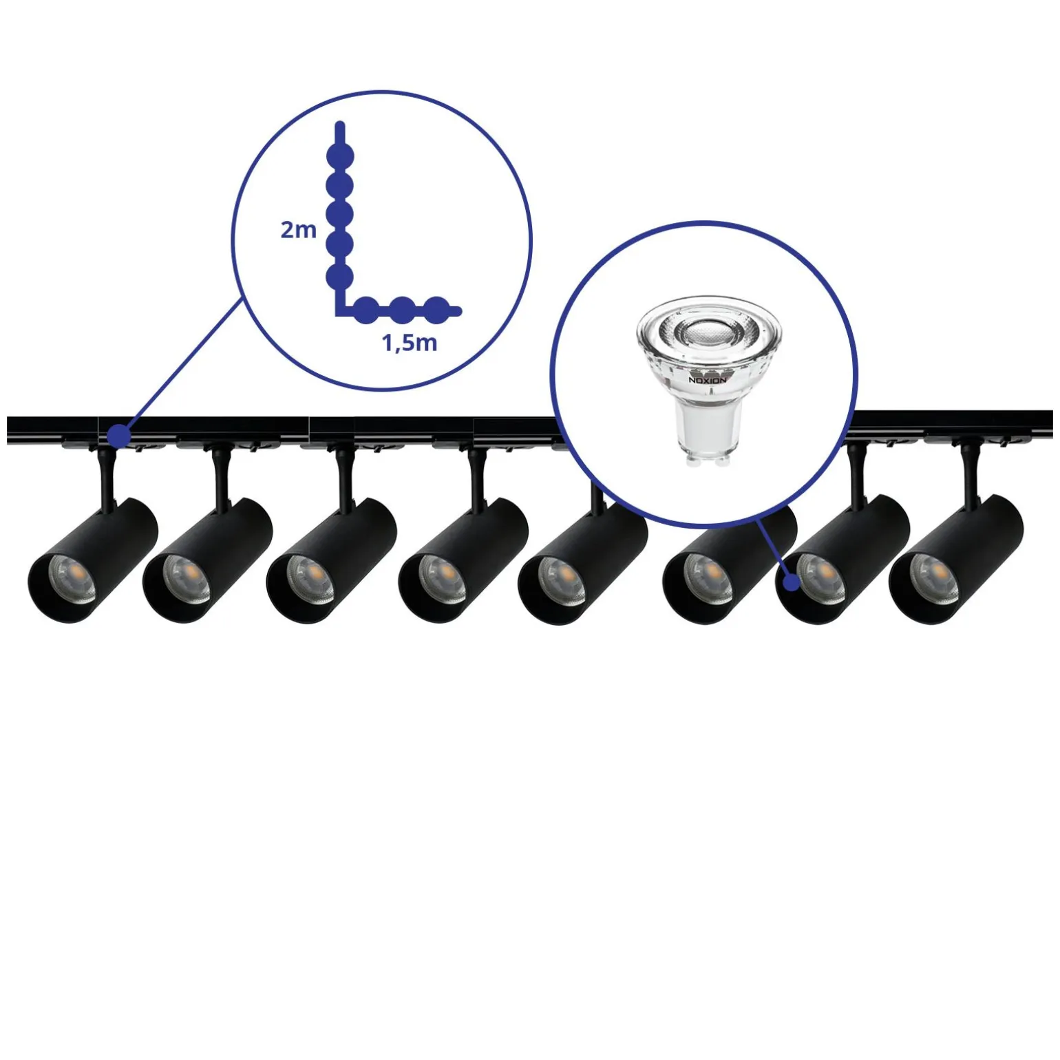 Bright Choice Komplett set 1-Fas Rail L 1,5 x 2 Meter Svart | incl. 8x Spot + GU10 2700K 3W Dimbar + Ändkåpa, Strömkontakt och L -Anslutningsstycke