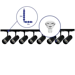 Bright Choice Komplett set 1-Fas Rail L 1 x 2 Meter Svart | incl. 8x Spot + GU10 2700K 3W Dimbar + Ändkåpa, Strömkontakt och L -Anslutningsstycke