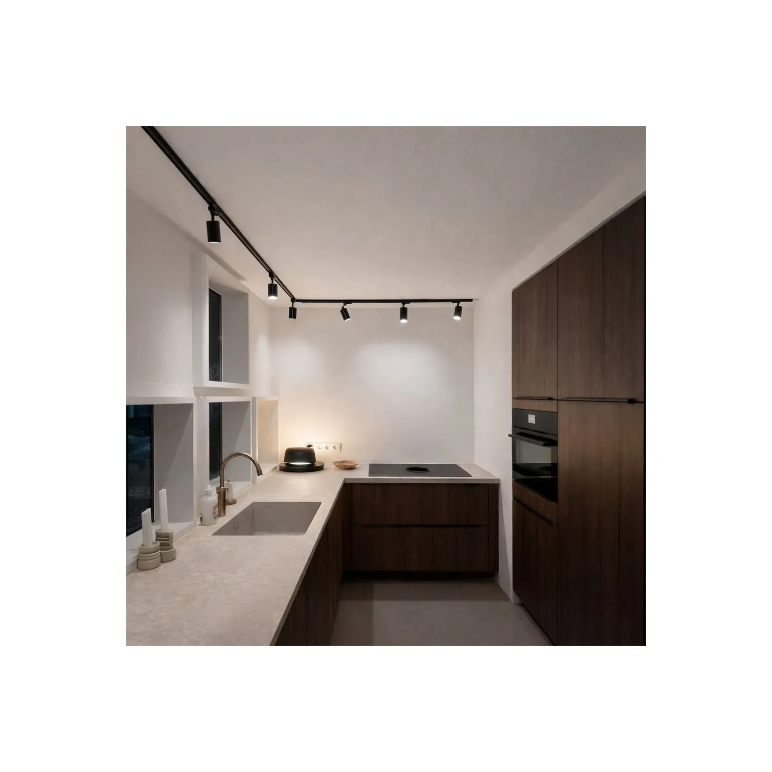 Bright Choice Komplett set 1-Fas Rail L 1 x 2 Meter Svart | incl. 7x Spot + GU10 2700K 3W Dimbar + Ändkåpa, Strömkontakt och L -Anslutningsstycke