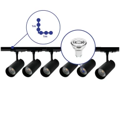 Bright Choice Komplett set 1-Fas Rail L 1 x 1 Meter Svart | incl. 6x Spot + GU10 2700K 3W Dimbar + Ändkåpa, Strömkontakt och L -Anslutningsstycke