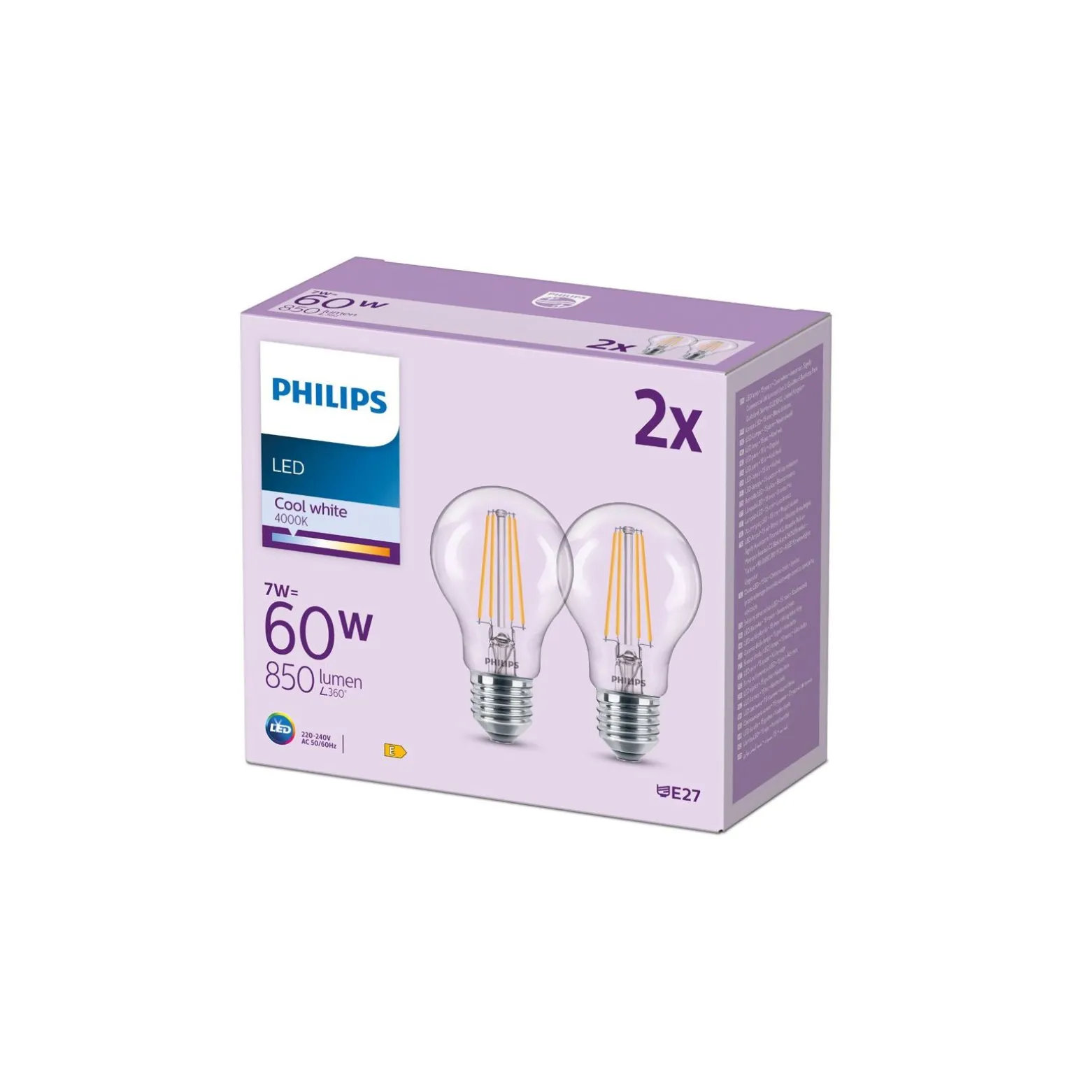 Flerpack 2x Philips Lampa LED E27 Päron Filament Klar 7W 850lm - 840 Kallvit