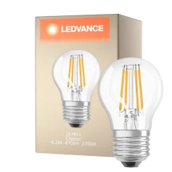 Ledvance Classic LED E27 Päron Filament Klar 4.2W 470lm - 927 Extra Varm Vit | Bästa färgåtergivning - Dimbar - Ersättare 40W