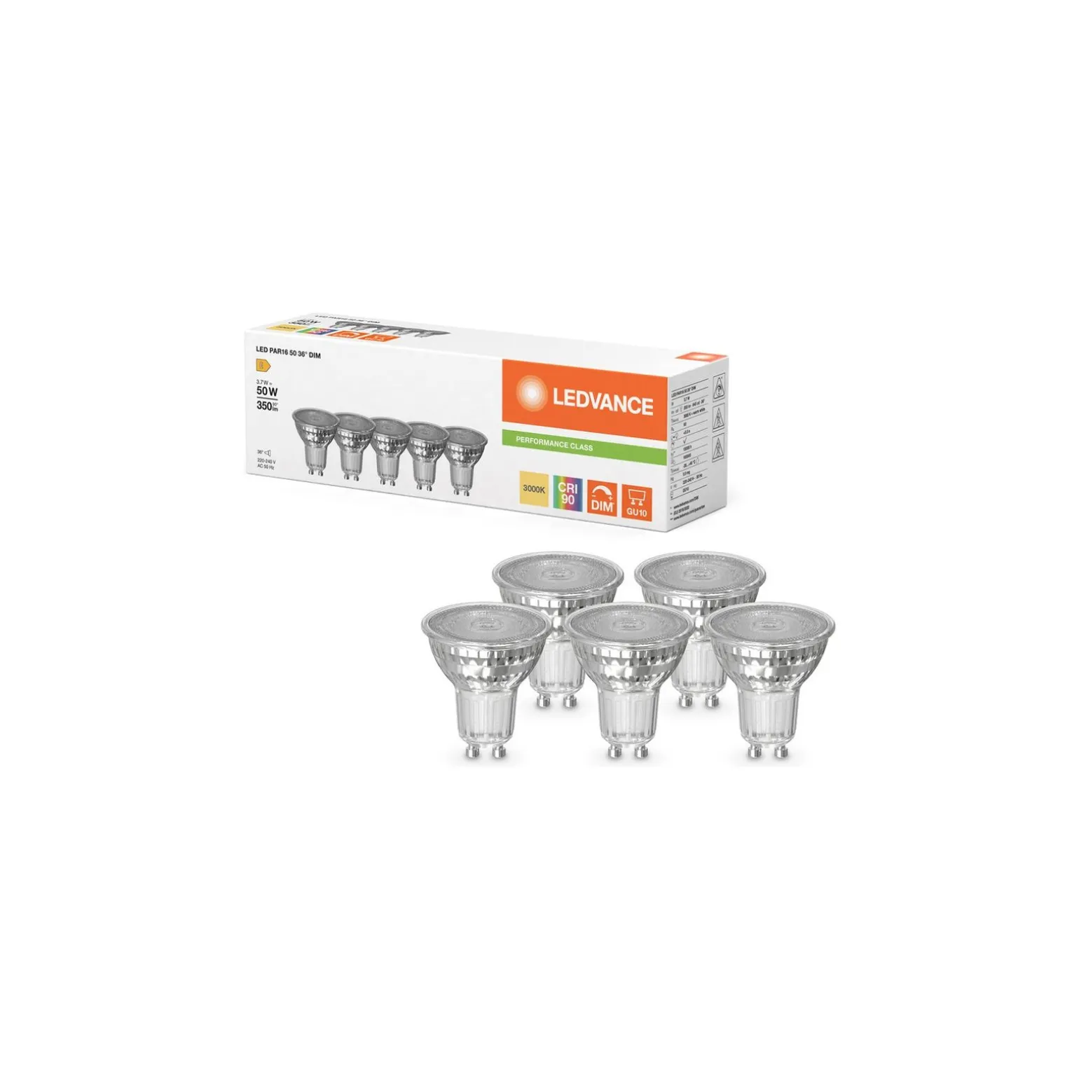 Ledvance LED GU10 PAR16 Performance 3.7W 350lm 36D - 930 Varm Vit | Bästa Färgåtergivning - Dimbar - Ersättare 50W