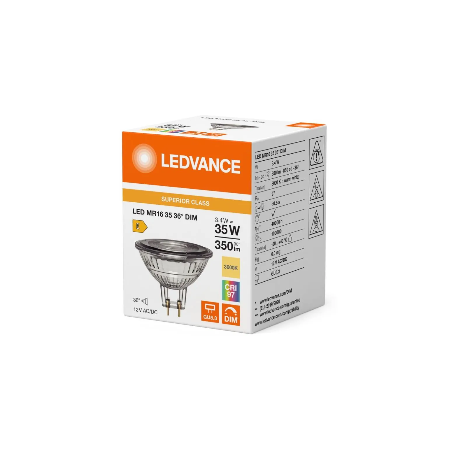 Ledvance LED Spot GU5.3 MR16 3.4W 350lm 36D - 930 Varm Vit | Bästa Färgåtergivning - Dimbar - Ersättare 35W