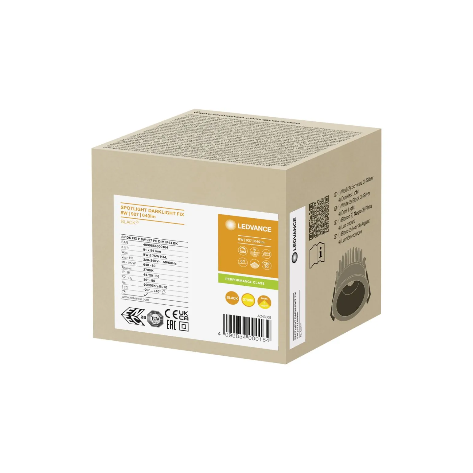 Ledvance LED Spot Mörklight Aluminium Svart 8W 640lm 36D - 927 Extra Varm Vit | Utskärning 68mm - IP44 - Bästa färgåtergivning - Dimbar