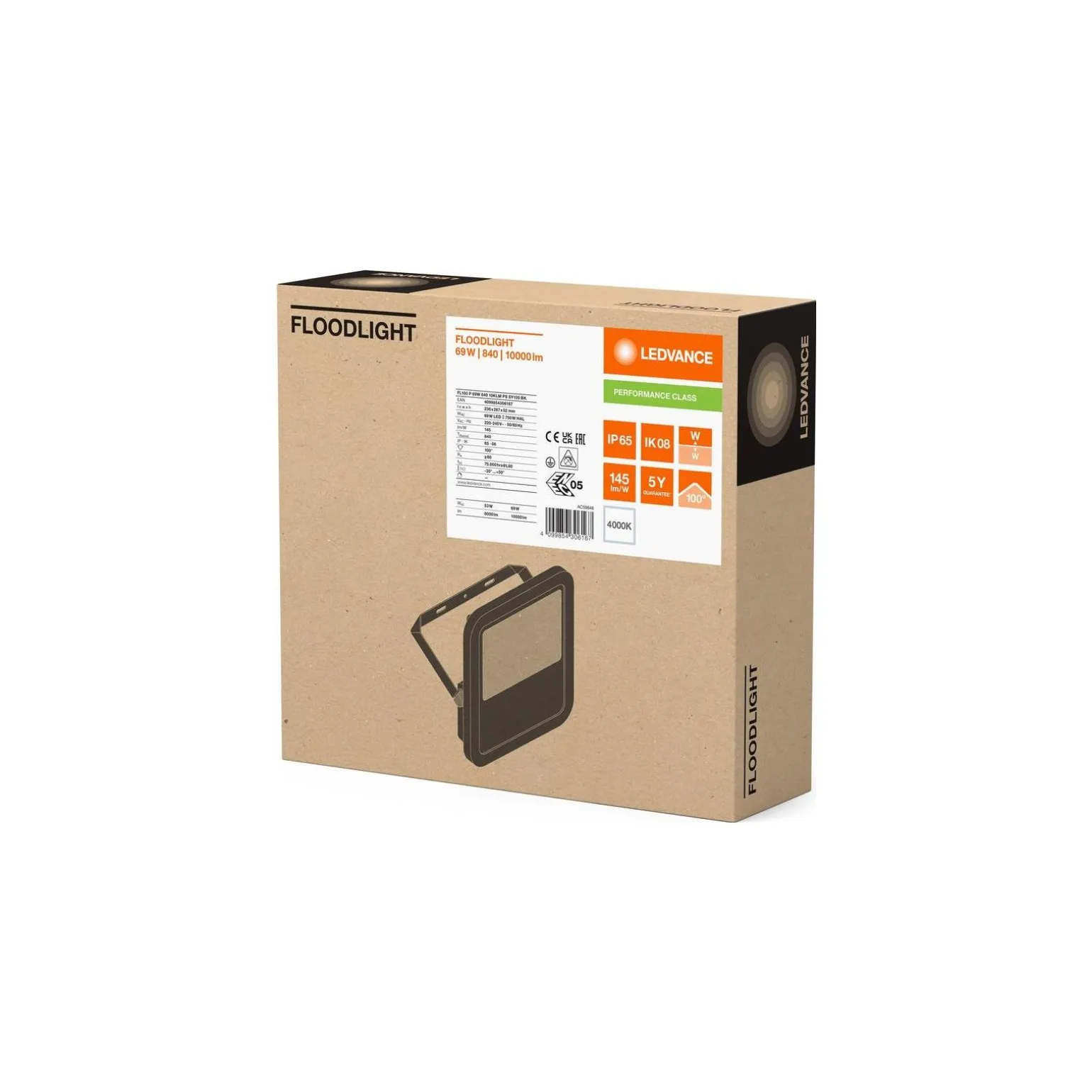 Ledvance LED Strålkastare Aluminium Svart 69W 10000lm 100D - 840 Kallvit | IP66 - Symmetrisk