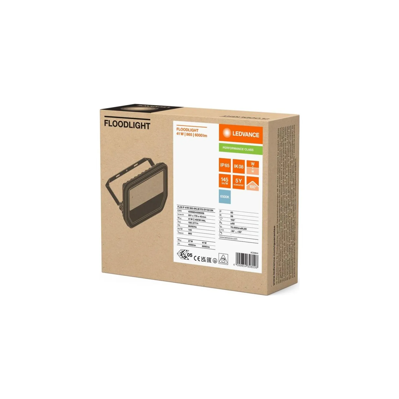 Ledvance LED Strålkastare Aluminium Svart 41W 6000lm 100D - 865 Dagsljus | IP66 - Symmetrisk