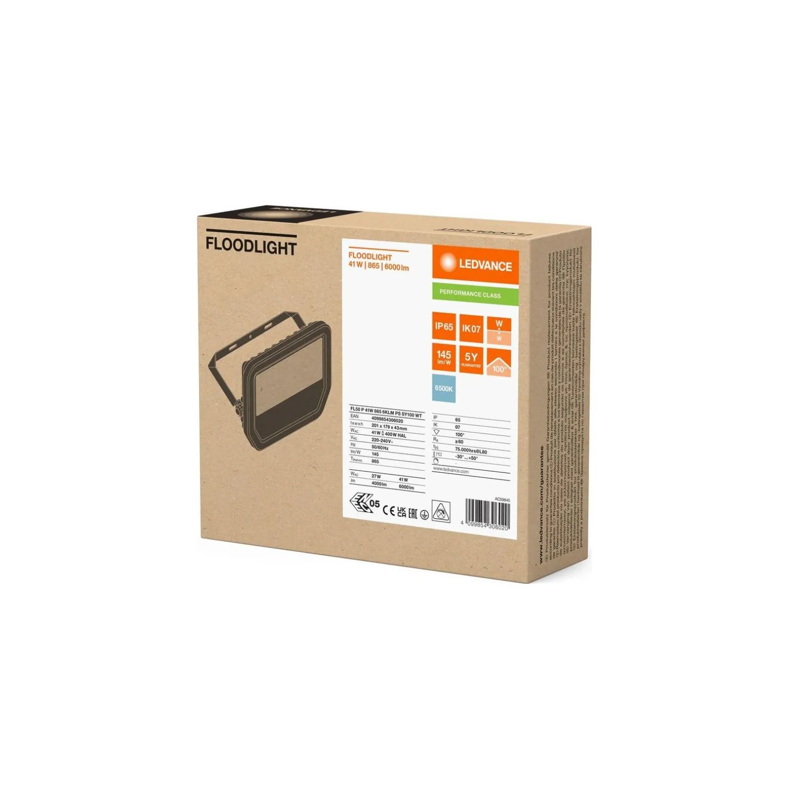 Ledvance LED Strålkastare Aluminium Vit 41//27W 6000lm 100D - 865 Dagsljus | IP66 - Symmetrisk