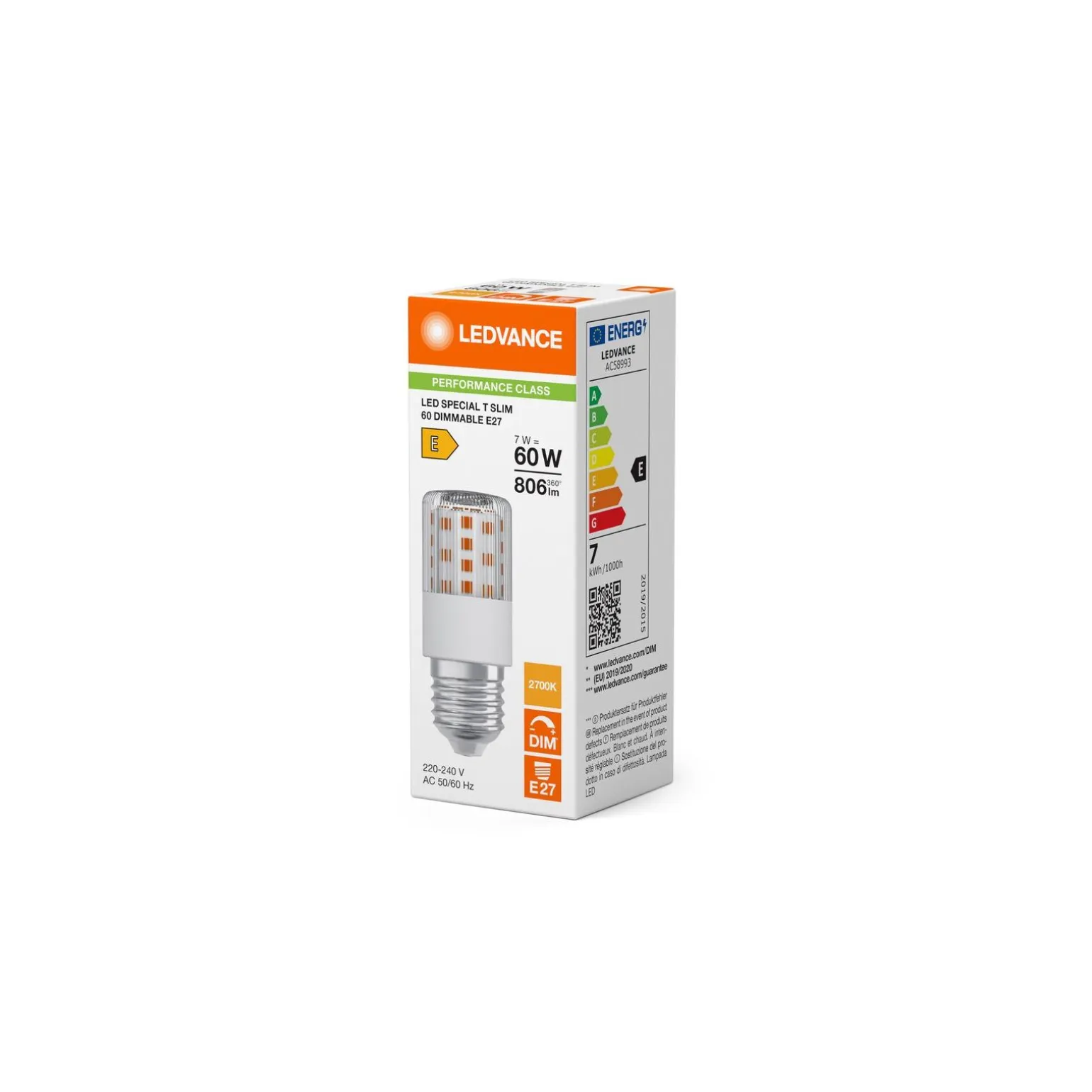 Ledvance Special T Slim E27 Rör one-handed Klar 7W 806lm - 827 Extra Varm Vit | Dimbar - Ersättare 60W