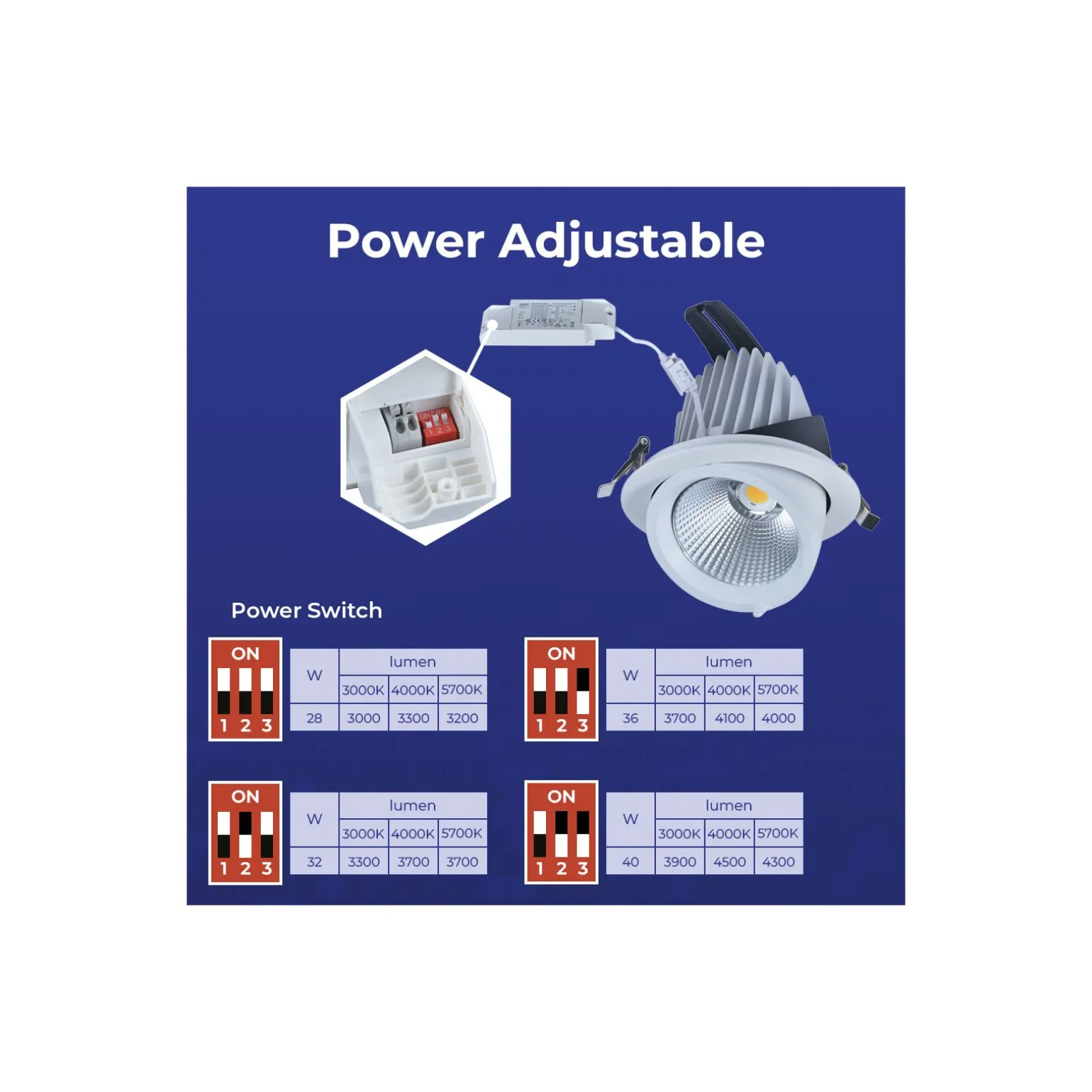 Noxion LED Spot Forza V2 Aluminium Vit 28/32/36/40W - 3300/3700/4100/4500lm 36D - 930-940-957 CCT | 160mm - Utskärning 145mm - Bästa Färgåtergivning