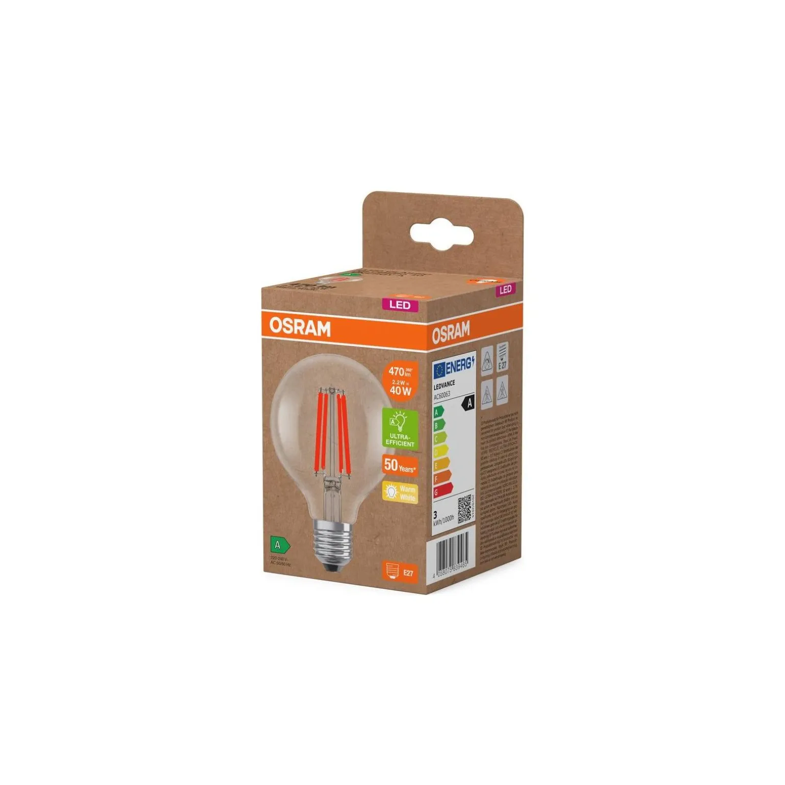 Osram LED Lamps E27 Globe Filament Klar 2.2W 470lm - 827 Extra Varm Vit | Ersättare 40W