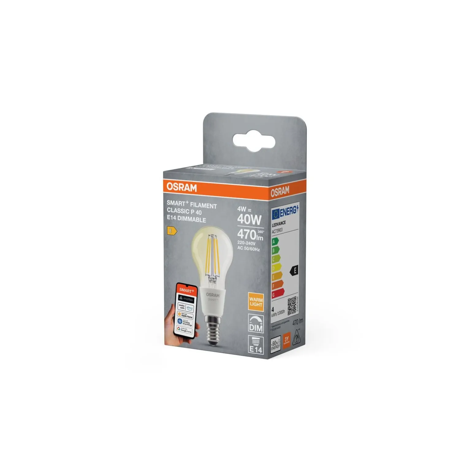 Osram Smart+ Matter Classic LED E14 Päron Filament Klar 4W 470lm - 827 Extra Varm Vit | Dimbar - Via Smart Device Only - Ersättare 40W