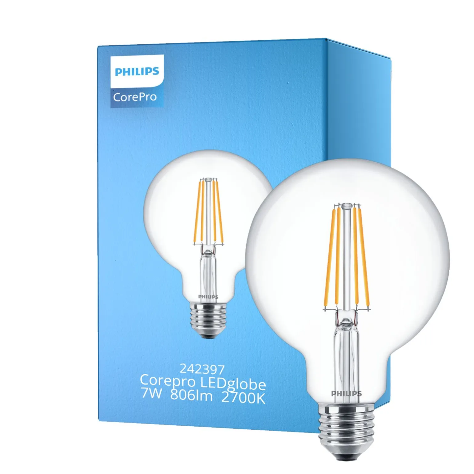 Philips Corepro LED Globe E27 Filament Klar 95mm 7W 806lm - 827 Extra Varm Vit | Ersättare 60W