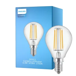 Philips Corepro LED Lustre E14 boll Filament Klar 4.3W 470lm - 827 Extra Varm Vit | Ersättare 40W