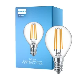Philips Corepro LED Lustre E14 boll Filament Klar 6.5W 806lm - 827 Extra Varm Vit | Ersättare 60W