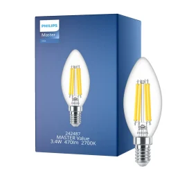 Philips MASTER Value LED Kronljus E14 Filament Klar 3.4W 470lm - 927 | Bästa färgåtergivning - Dimbar – Ersättare 40W